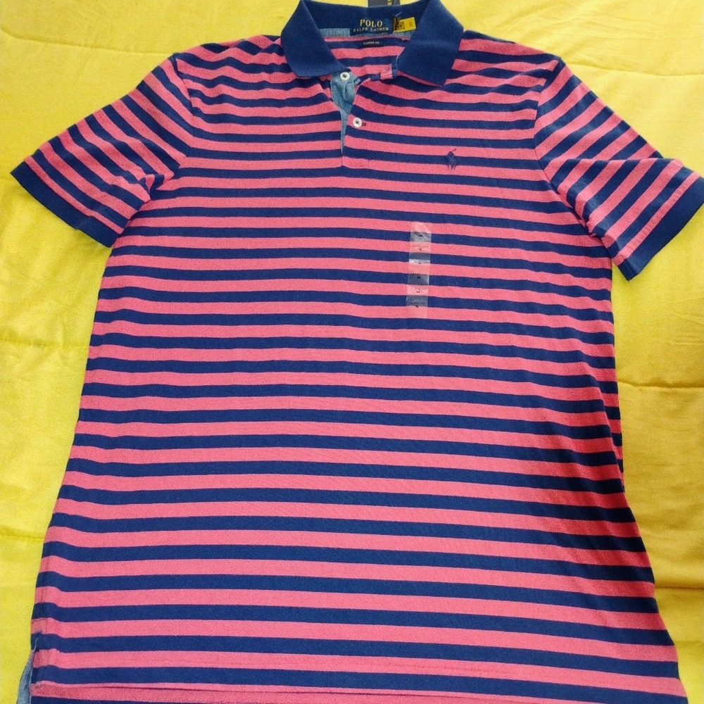 NWT MEDIUM SALMON PINK AND BLUE STRIPED RALPH LAUREN POLO